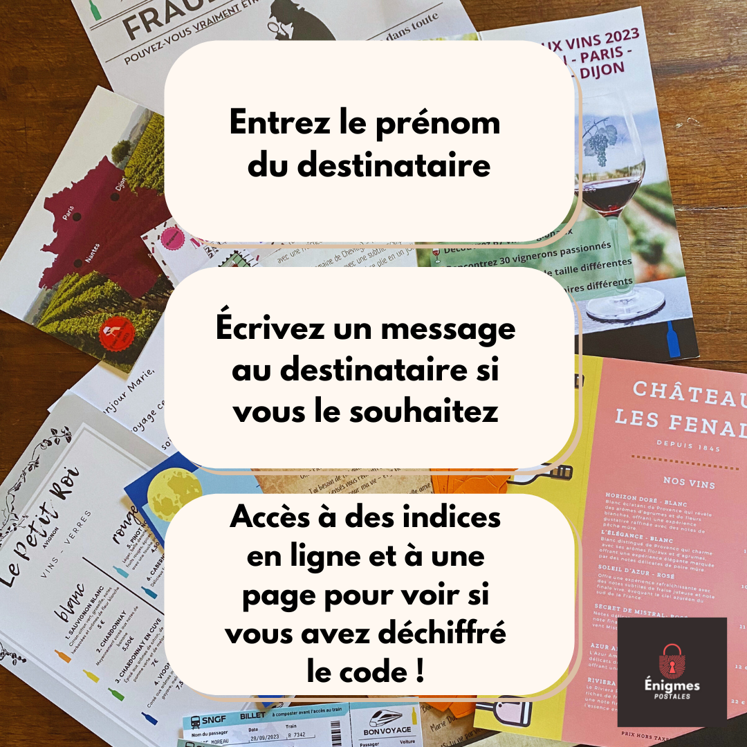 Intrigue dans les Vignes | Escape game postal PERSONNALISÉ ! | La version française