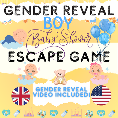 GENDER REVEAL - Boy | ENGLISH VERSION | Baby Shower Escape Room | party kit diy printable games PDF print at home game group escape room groups funny games