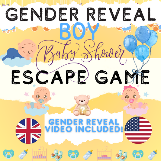 GENDER REVEAL- Garçon | LA VERSION ANGLAISE | Escape Game de baby shower | kit de fête bricolage jeux imprimables PDF imprimer à la maison jeu groupe escape room groupes jeux amusants