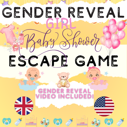 GENDER REVEAL- Fille | LA VERSION ANGLAISE | Escape Game de baby shower | kit de fête bricolage jeux imprimables PDF imprimer à la maison jeu groupe escape room groupes jeux amusants