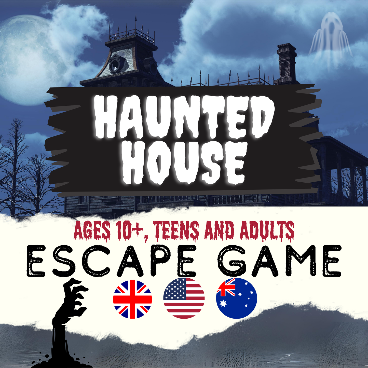 Escape Game du manoir hanté | VERSION ANGLAISE | Jeux d'Halloween | Jeu de maison hantée pour adolescents, préadolescents et adultes | Escape game à imprimer | Imprimables pour Halloween