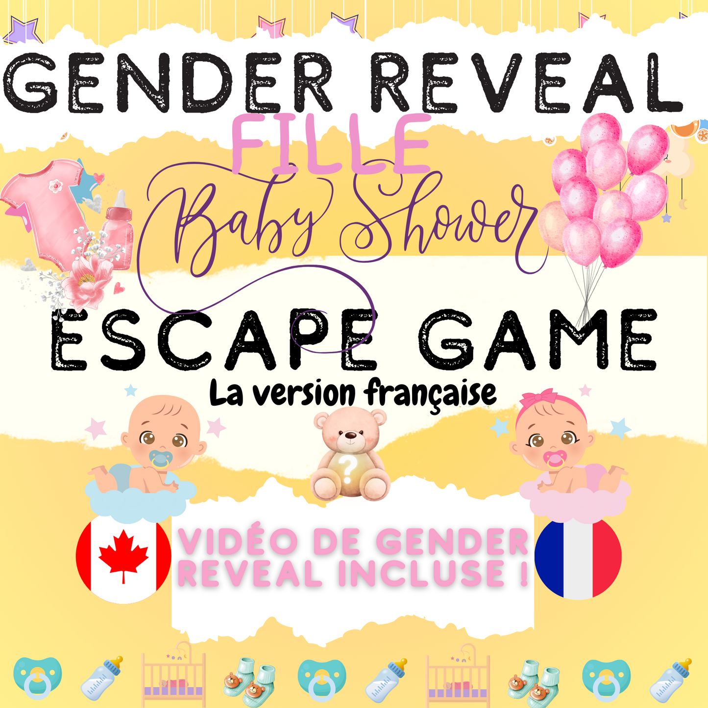 Jeu GENDER REVEAL - FILLE | Baby Shower / Fête Prénatale Escape Room Version Française | Jeux Baby Shower à imprimer | Baby Shower en français