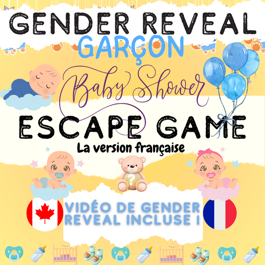 Jeu GENDER REVEAL-GARÇON | Baby Shower / Fête Prénatale Escape Room Version Française | Jeux Baby Shower à imprimer|Baby Shower en français