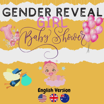 GENDER REVEAL - Girl | English Version | Baby Shower Escape Room | party kit diy printable games PDF print at home game group escape room groups funny games